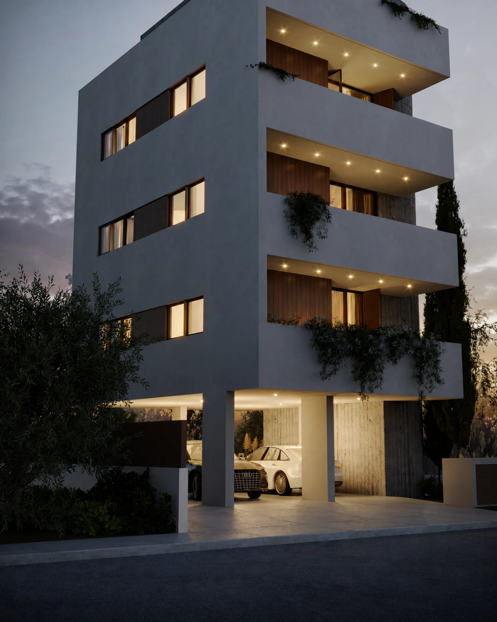 Chili at dusk with illuminated verandas and ground-floor parking