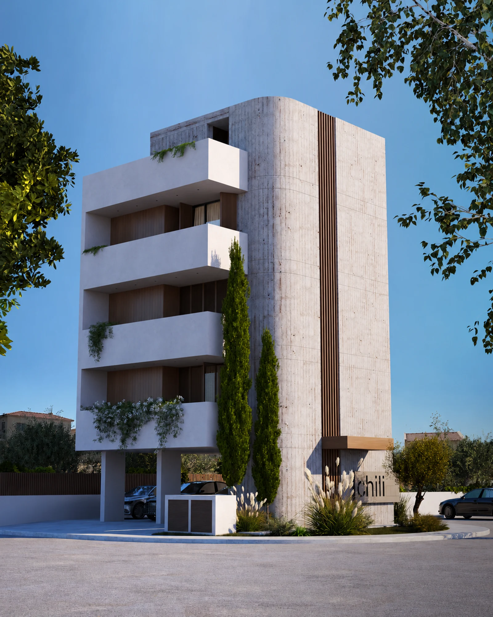 Chili front elevation with concrete, warm-toned screens and cypress trees